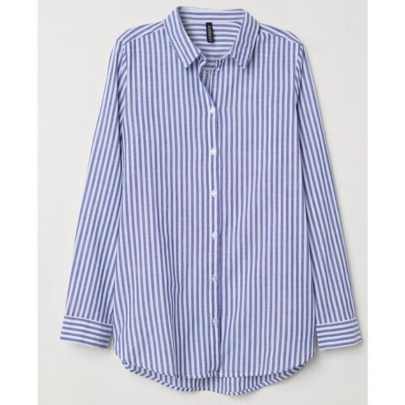 H&M classic blue cotton striped button down blouse 8 - Picture 1 of 8